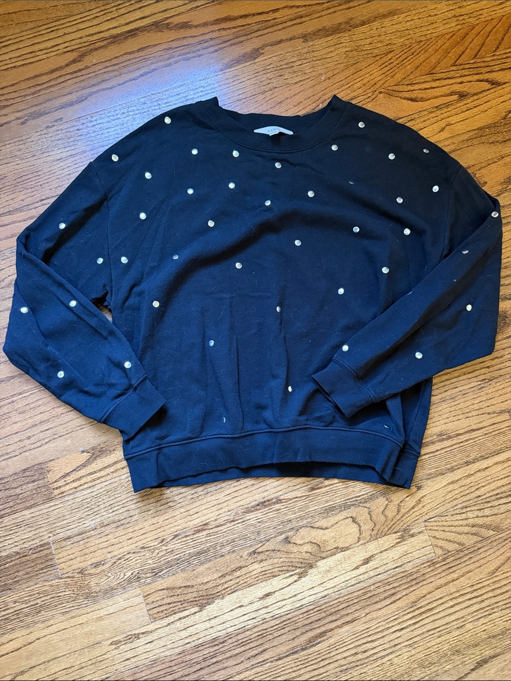 LOFT Black Crewneck Sweater with gold Polka Dots